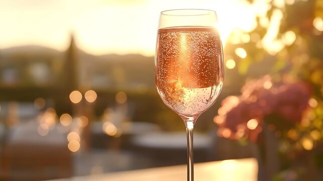 Sparkling Rose Wine in Glass at Sunset