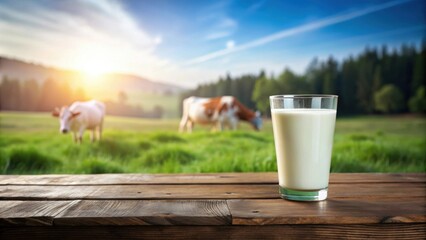 Fresh milk in glass on dark wooden table with blurred landscape of cow on meadow, milk, glass, wooden table, rustic