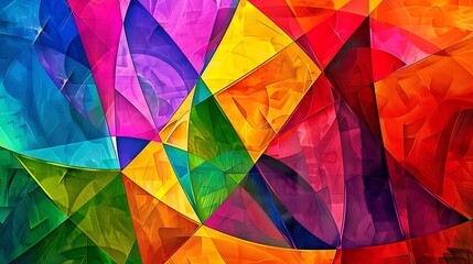 Colorful abstract geometric pattern featuring a variety of shapes, textures, and colors. The design is dynamic and bold, showcasing a range of artistic techniques.