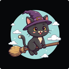 cartoon witch cat, cute witch cat, Halloween black cat, black cat on broomstick, magical cat illustration, kawaii witch cat, flying cat Halloween, adorable Halloween cat, witch hat cat, spooky cat