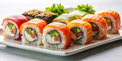Close up of delicious maki and nigiri sushi on a white plate, sushi, Japanese, food, cuisine, fresh, seafood, rice, meal