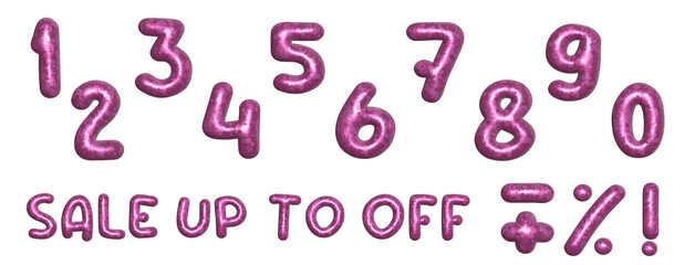 Stylish realistic 3D pink set of numbers. Includes numbers from 0 to 9, signs +, -, !, % and SELL UP TO OFF words. Сollection for birthday anniversary or sale element and disign.