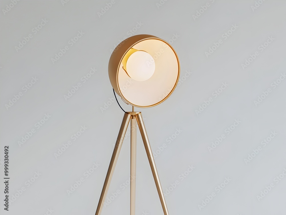 Poster closeup of a modern minimalist tripod floor lamp with sleek metallic finish and soft diffused lighti