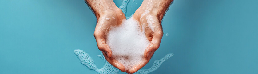 Hands holding soap bubbles against a blue background, representing cleanliness and hygiene.