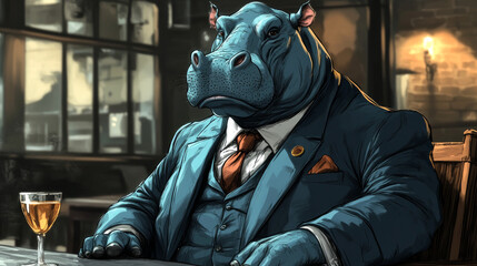 A well-dressed hippopotamus sits in a bar, looking cool and composed.