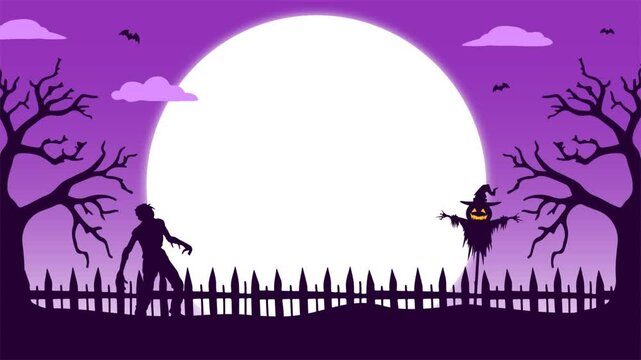 Hallloween animated footage with bats, pumpkin scarecrow, zombie, fance, tree, moon. And gradation purple background 