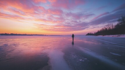 Fototapeta premium Solitary Figure Walking on Frozen Lake at Sunset