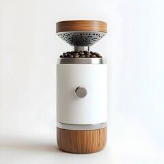 Compact Manual Coffee Grinder with Wooden Handle and Steel Body Against White Background