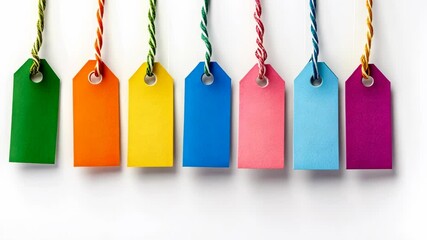Seven colorful blank tags hang on string against a white background