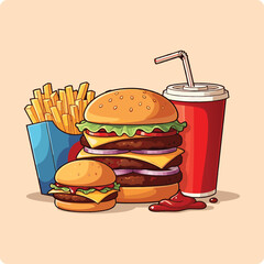 fast food, cheeseburger, hamburger, double cheeseburger, French fries, soda drink, fast food combo, delicious burger, crispy fries, soft drink, fast food meal, American fast food, classic burger