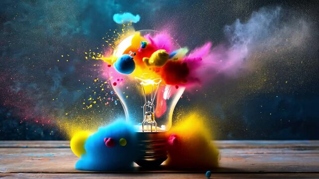 Creative light bulb bursts into a riot of color and paint. Fresh notion, idea generation