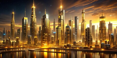 Obraz premium Stunning futuristic cityscape with golden accents and vibrant night lights, futuristic, cityscape, golden accents