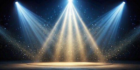 Obraz premium Spotlight illuminating dust particles on empty stage, dark background, spotlight, golden light rays, dust, floating