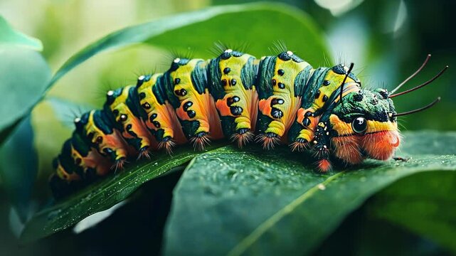 A colorful caterpillar rests on a green leaf in a tropical rainforest