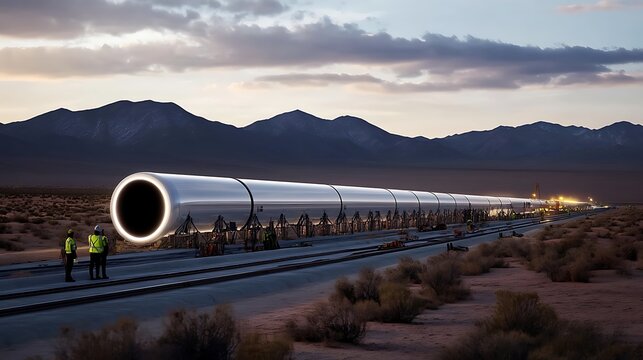 Hyperloop Transportation System Under Construction in Desert Landscape