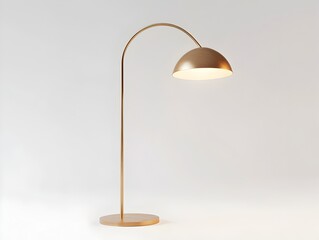 Elegant Brass Mid Century Modern Arched Floor Lamp with Soft Glowing Light and Uncluttered Studio Setting