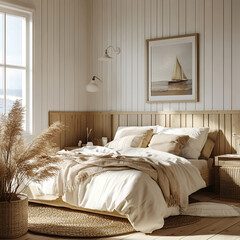 Modern bedroom features a bed with beige bedding, showcasing a boho, farmhouse interior design.