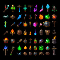 Colorful fantasy RPG elements including magical fire enchanted weapons and shields