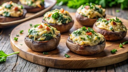 Cooked mushrooms stuffed with spinach and cheese , food, appetizer, vegetarian, gourmet, savory, delicious