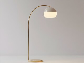 Elegant Mid Century Modern Brass Arc Floor Lamp in Minimalist White Studio Setting