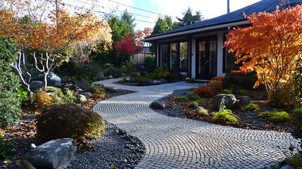 Obraz premium Cobblestone Pathway in Autumn Garden with House and Trees
