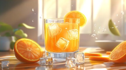 Refreshing Orange Juice with Ice Cubes and Slices on a Wooden Table