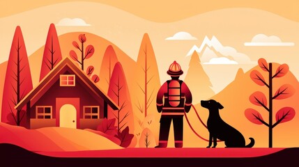Firefighter with Dog in Autumn Landscape Illustration