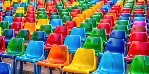 Fototapeta premium Vibrant rows of colorful plastic chairs creating a visually appealing pattern , vibrant, colorful, plastic, chairs, rows, arrangement