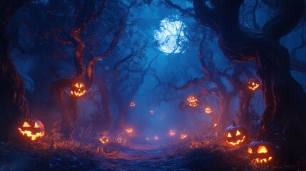 Halloween Forest Path with Glowing Jack-O'-Lanterns