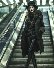 Obraz premium Stylish Young Woman in Trendy Dark Outfit on Urban Escalator â€“ Modern Fashion Photography in City Setting