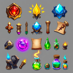 Fantasy game icons with gems potions scrolls and magical items