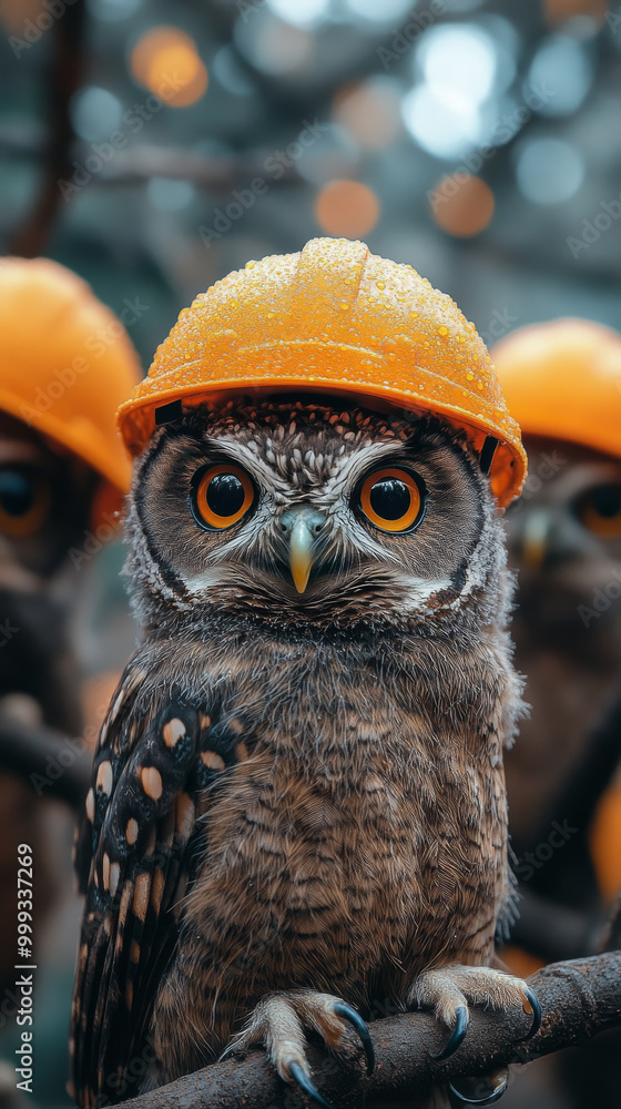 Wall mural A brown owl wearing a yellow hard hat looks directly at the camera.