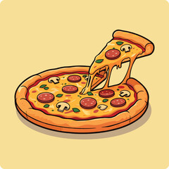 pizza illustration, Flat illustration of a pizza isolated on solid background. pizza slice with salami, mushrooms, basil leaf and melted cheese for pizzeria package and menu designs. Flat Vector