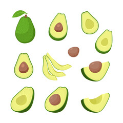 Avocado set. Bright green whole fruit , half, slice, with bone. Products for healthy diet. cartoon vector illustration isolated on white background