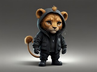 a cat that has a hood that says lion on it