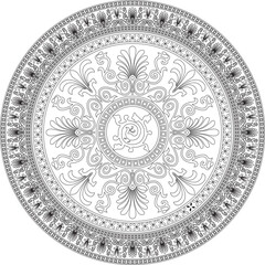 Vector black monochrome classic Greek round outline ornament. Circle of Ancient Greece and the Roman Empire. Byzantine painting of walls, floors and ceilings. Decoration of European palaces