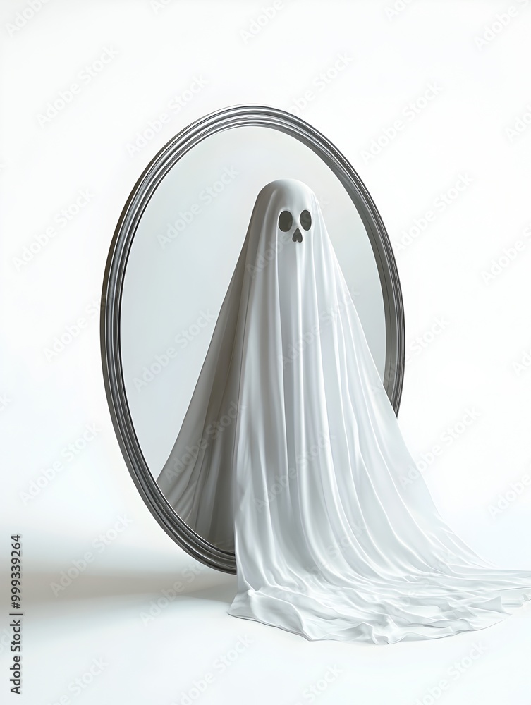 Poster ghostly apparition floating through a glowing haunted mirror casting ethereal shadows in a minimal w