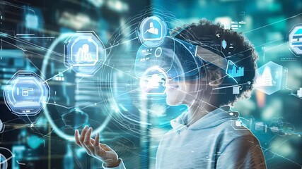 Child kid using innovative digital VR headset, 3d AR technology in metaverse world, wearing wireless virtual reality glasses - Powered by Adobe