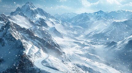 Obraz premium Snowy Mountain Peaks and Winding Road