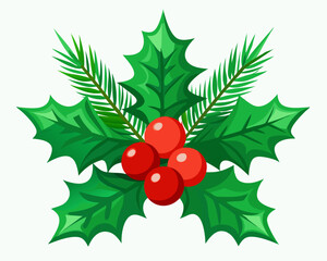 Christmas Holly with Red Berries and Green Leaves, Evergreen Pine Needles vector illustration