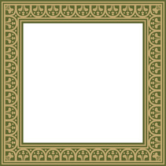 Vector square gold with green border, frame, Pompeii. Rectangle Neopolitan ornament. Art of Ancient Rome. Template for stained glass