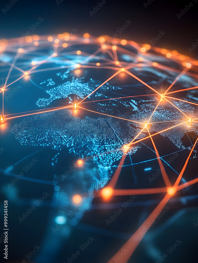 Poster global business network with world map and connecting flight paths hyper realistic