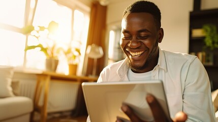A Person Smiling While Reviewing Their Financial Portfolio on a Tablet in a Sunlit Living Room. financial well-being, life satisfaction,security,stock market,wealth management,financial planning