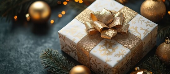 A close-up of a gift box with a golden bow on top. The box is wrapped in white paper with a golden pattern.  The gift box is surrounded by pine branches, gold balls, and a string of fairy lights.