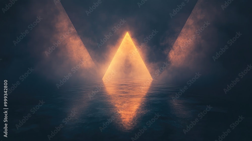 Poster abstract mysterious background with glowing geometric shapes, dark fog, and deep color tones, creati