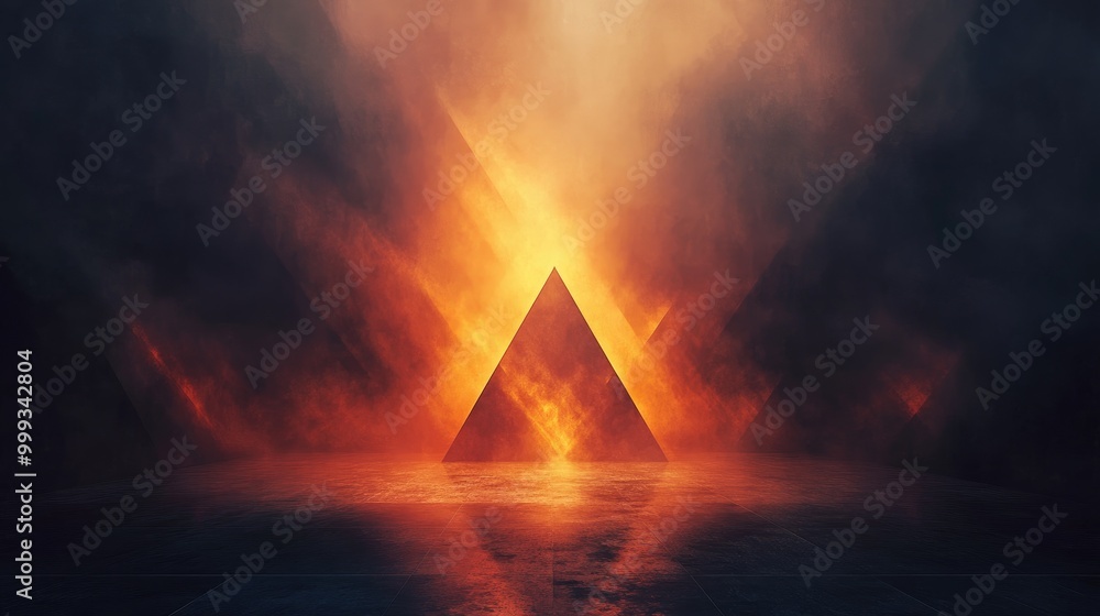 Poster abstract mysterious background with glowing geometric shapes, dark fog, and deep color tones, creati