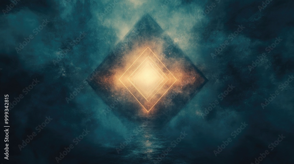 Poster abstract mysterious background with glowing geometric shapes, dark fog, and deep color tones, creati