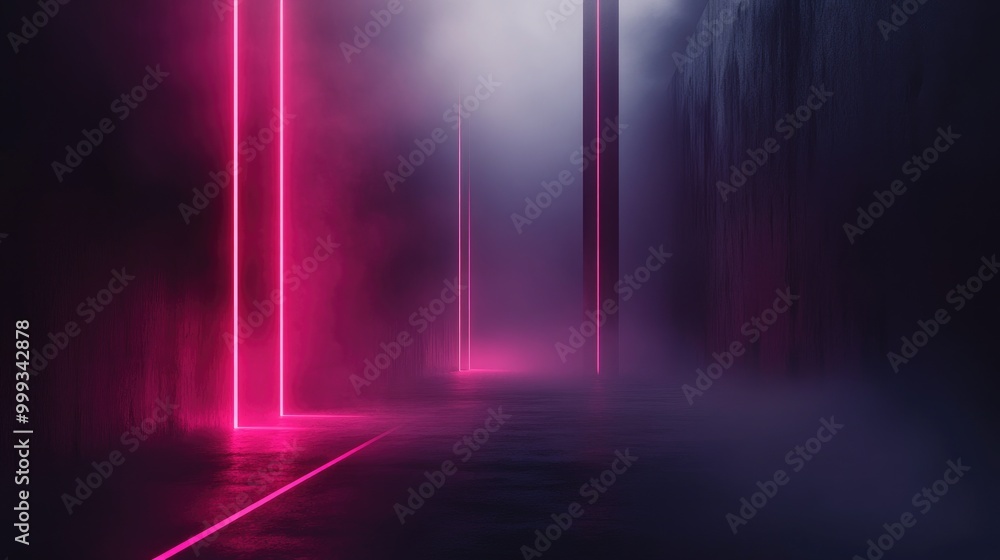 Poster abstract mysterious background with shadowy geometric shapes, glowing neon lines, and soft fog, crea