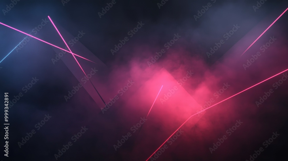 Poster abstract mysterious background with shadowy geometric shapes, glowing neon lines, and soft fog, crea