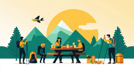 Naklejka premium A group of hikers gathered around a picnic table at a campground enjoying snacks and drinks after a day of exploring the wilderness